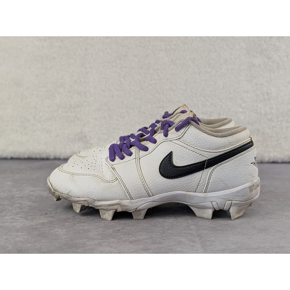 Jordan 1 Low MCS Baseball Cleats White Black Purple HF6885-100 Kids 4.5Y